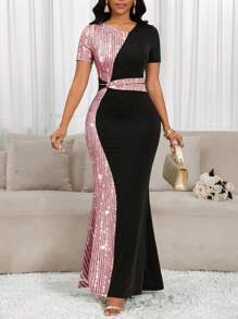 SHEIN Lady 2025新款女士优雅撞色亮片印花拼接美人鱼连衣裙，生日及活动礼服/办公礼服/教堂礼服/婚纱/节日礼服/女士派对礼服/女士正式礼服/女士正式长裙/女士商务休闲办公礼服/女士工作礼服/女士连衣裙/新款女士毕业礼服/秋季婚礼宾客礼服 - 粉色 - 查看 5