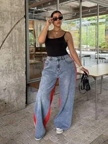 Dripcurv Plus Size Contrast Striped Print Pocket Casual Wide Leg Jeans