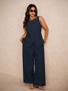 Elaquor Bộ đồ vest nữ dáng rộng màu trơn, áo sơ mi và quần ống đứng đi làm thường ngày - Màu xanh hải quân - Xem 3