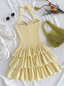 SHEIN 青少年女孩度假优雅纯色扭褶荷叶边下摆挂脖连衣裙