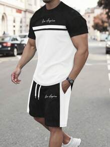 Manfinity Homme 男士字母印花圆领短袖休闲T恤和抽绳腰短裤套装 - 彩色 - 查看 2