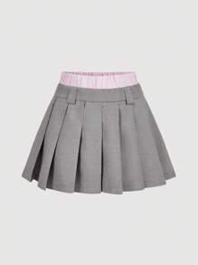 SHEIN MOD 女士灰色二合一百褶裙和短款西装外套套装，秋冬返校装 - 淺灰色 - 查看 8