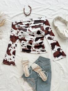 Soleia New Casual Holiday Western Beach Wedding Guest Attire, Graduation Brunch, St. Patrick's Day Spring Break Easter Festival, Elegant Bohemian Tropical Cow Print Off The Shoulder Flare Sleeve Women Top Cow Print Top CowGirl Top Western Top Rodeo Top Western Tops - Multicolor - View 1
