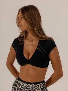 Aralina Áo thun thể thao siêu ngắn cổ chữ V khoét sâu màu trơn gợi cảm - màu đen - Xem 3