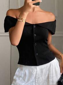 Livesso Women's Elegant Off-Shoulder Solid Color Blouse For Commuting, Summer Going Out Tops - Black - View 3