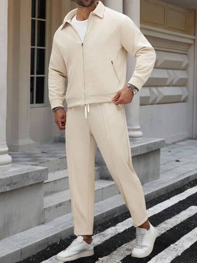 Manfinity Homme 男士加大码纯色休闲衬衫夹克和裤子两件套，秋季服装