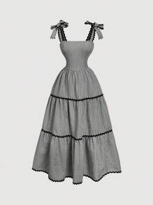 SHEIN MOD 女式黑白格子印花领结连衣裙，适合情人节、度假、可爱、波西米亚风、音乐节 - 黑與白 - 查看 1