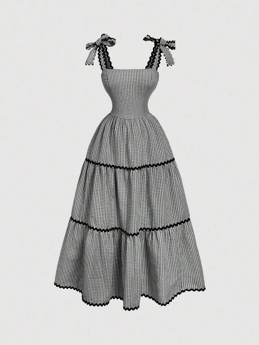 SHEIN MOD 女式黑白格子印花领结连衣裙，适合情人节、度假、可爱、波西米亚风、音乐节 - 黑與白 - 查看 1