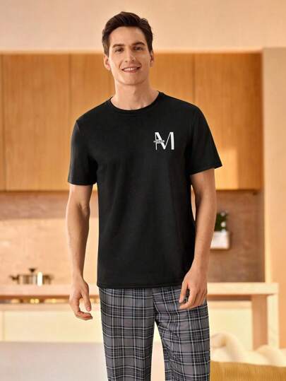 Men's Letter Print Round Neck Short Sleeve Casual Home Top  Pajamas Set For Men  Sleepwear Nightwear