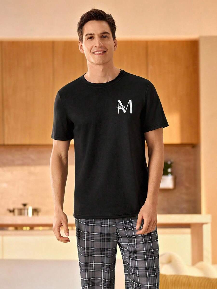 Men's Letter Print Round Neck Short Sleeve Casual Home Top  Pajamas Set For Men  Sleepwear Nightwear