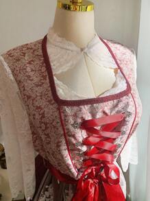 SHEIN EZwear 蕾丝对比拼布提花甜美浪漫 Dirndl 加大码 A 字连衣裙 - 粉色 - 查看 5