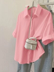 INAWLY Women Plain Color Rolled Sleeve Single-Breasted Casual Shirt - Coral Pink - View 3