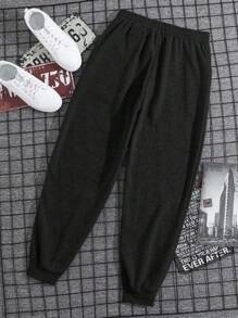 SHEIN Cottnline Cotton Men Letter Graphic Grey Drawstring Waist Sweatpants - Black - View 2