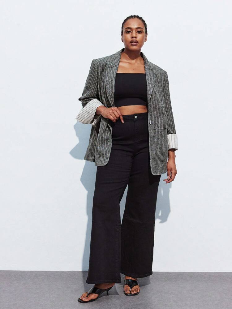 SHEIN Maija 2025 Fall Plus Size Gray Striped Patchwork Lapel Blazer, Elegant Fashionable Urban Style, Music Festival & Everyday Wear, Summer Business Commute Office, Vintage Style, Business Casual Women's Wear, Female Teacher, Work Uniform, Graduation,Fall Autumn