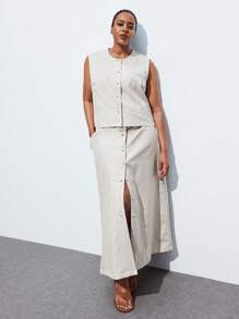 Maija 大码女式休闲纽扣装饰宽松A字裙，适合办公室/日常穿着，秋季返校季，返校节，优雅复古，老派富家女教师风，浪漫百搭；舒适时尚，优雅休闲，简约日常，必备单品，纯色，假日休闲，得体大方，单身女士，优雅时尚商务休闲女式外出上衣，毕业季教师秋季大码秋季返校季，返校节，冬季 - 米色 - 查看 6