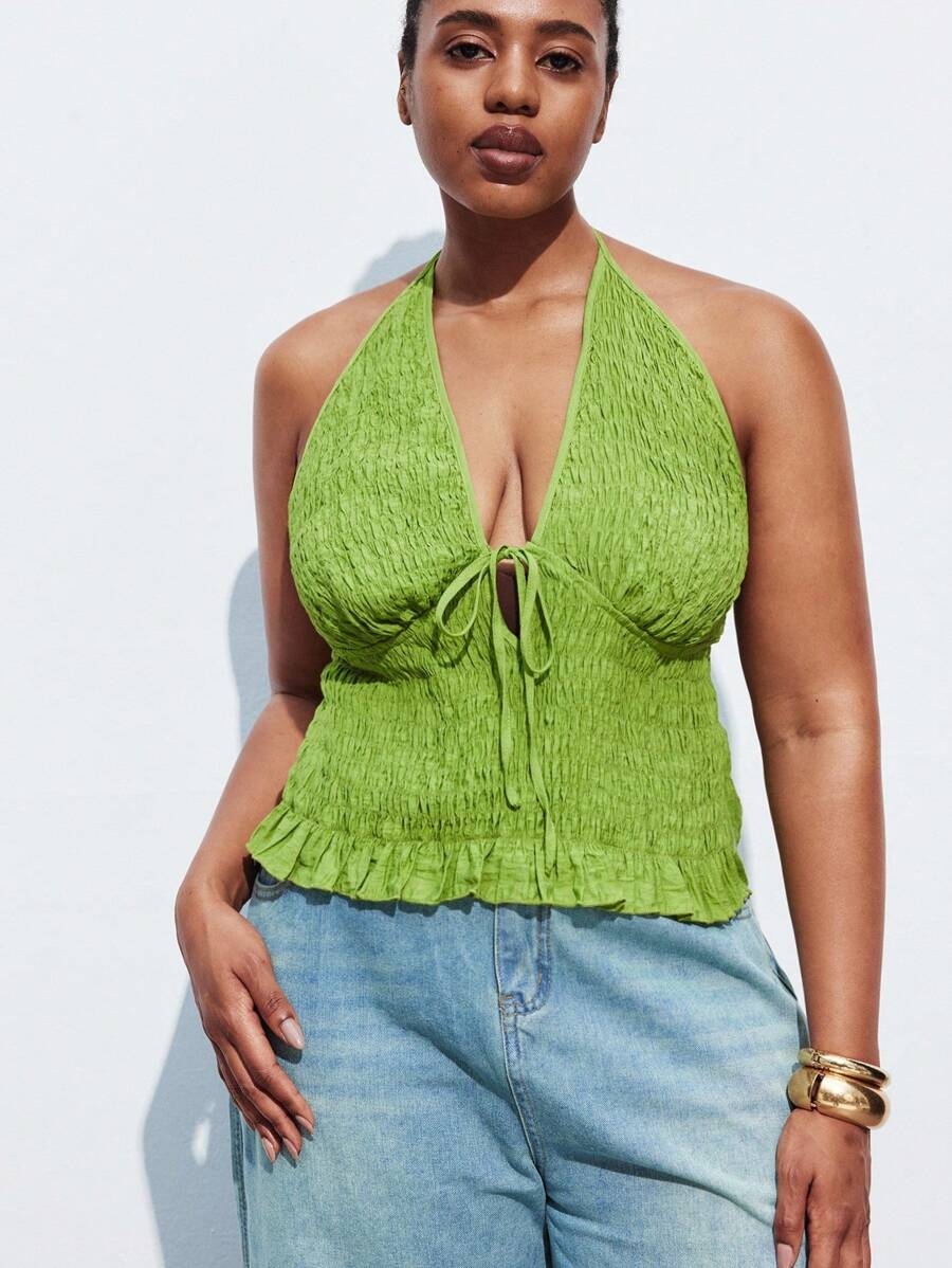 Maija Plus Size Women's Solid Color Front Tie Ruched Deep V Sexy Halter Top,Fall Autumn Back To School Homecoming Modest Vintage Women Old Money Teacher Romantic, Fashion, Versatile; Comfortable, Stylish, Elegant, Casual, Simple Daily Wear, Essential, Solid Color, Holiday Casual, Decent, Single Lady, Elegant Fashion Business Casual Woman Going Out Tops Graduation Teacher