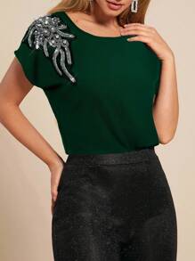 Amorya 夏季优雅女士黑色胸前钉珠贴花插肩短袖衬衫，适合各种场合 - 墨綠色 - 查看 5