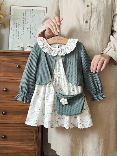 Vintaside Kids Babygirl Baby Girl Spring/Autumn Simple Stylish Short Jacket Paired With Fashionable Floral Dress, Suitable For Autumn Outings, Camping, Vacation, Elegant And Suitable For Mild Autumn Weather Fall Winter