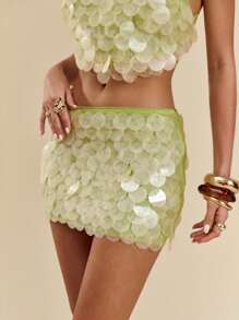 SHEIN BAE 绿色超大亮片女式迷你裙，音乐节细肩带裙，绿色亮片迷你裙适合海滩、度假 - 綠色 - 查看 3