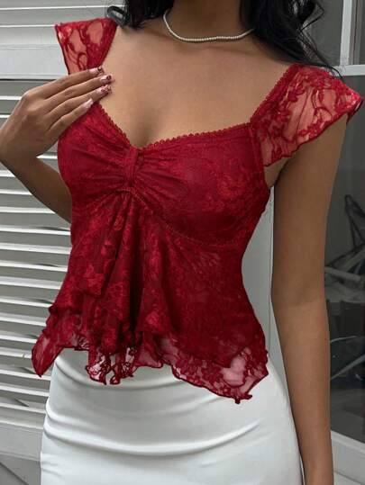 SHEIN EZwear 1pc Women's Burgundy Lace Ruffle Hem Sweet-Heart Collar Cap Sleeve Elegant T-Shirt