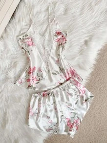LuxeNights 2 Stücke/Set Damen sexy tiefer V-Ausschnitt Trägerhemd, bedruckte Shorts, eleganter Satin Schlafanzug, ganzjährig auch außerhalb zu tragen