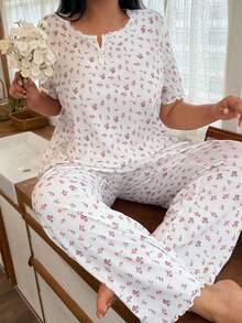 CottageSlumber Conjunto de pijama plus size romântico com blusa e calça de malha floral, conjunto de pijama floral feminino, conjunto de pijama floral rosa, conjunto de pijama de 2 peças, conjunto de pijama com flor de cerejeira - Branco - Ver 8