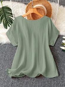 Linhara Plus Size Casual Solid Color Batwing Sleeve Shirt - Green - View 2