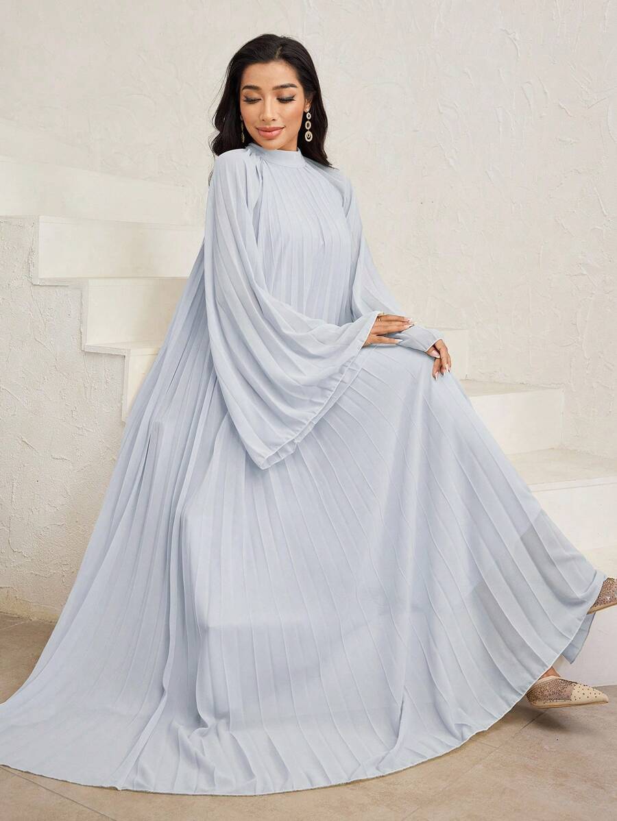 Veilorie 女式纯色立领褶皱喇叭袖宽松阿拉伯风连衣裙 - 藍色 - 查看 1