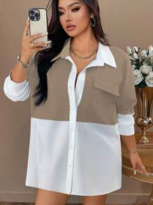 INAWLY Áo sơ mi tay dài hở vai màu khối mùa thu cỡ lớn cho nữ có túi tiện dụng - trắng - Xem 4