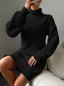 EURMUSE Women's Simple Solid Color Textured Knit Turtleneck Drop Shoulder Sweater Dress,Petite - Black - View 3