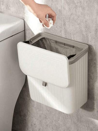 1 pieza Cubo colgante Small, bote de basura pequeño con tapa, adecuado para puerta de gabinete de cocina o fregadero, cubo de baño Trash con cubierta, recipiente de residuos de alimentos, contenedor de compost, estilo de gancho colgante trasero