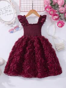 Glamorique Kids Young Girl Solid Color Faux Shirred Cap Sleeve Floral Patchwork Elegant Summer Dress, School, Campus, College Summer Holiday