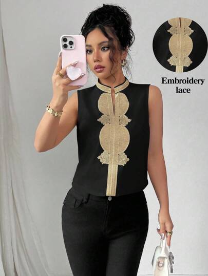 Rafferiza Women's Elegant V-Neck Embroidered Lace Patchwork Blouse Embroidered Tops For Women Clothes For University