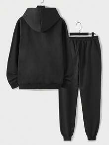SHEIN Cottnline Cotton Men Letter Patched Hoodie & Drawstring Waist Sweatpants - Dark Grey - View 2