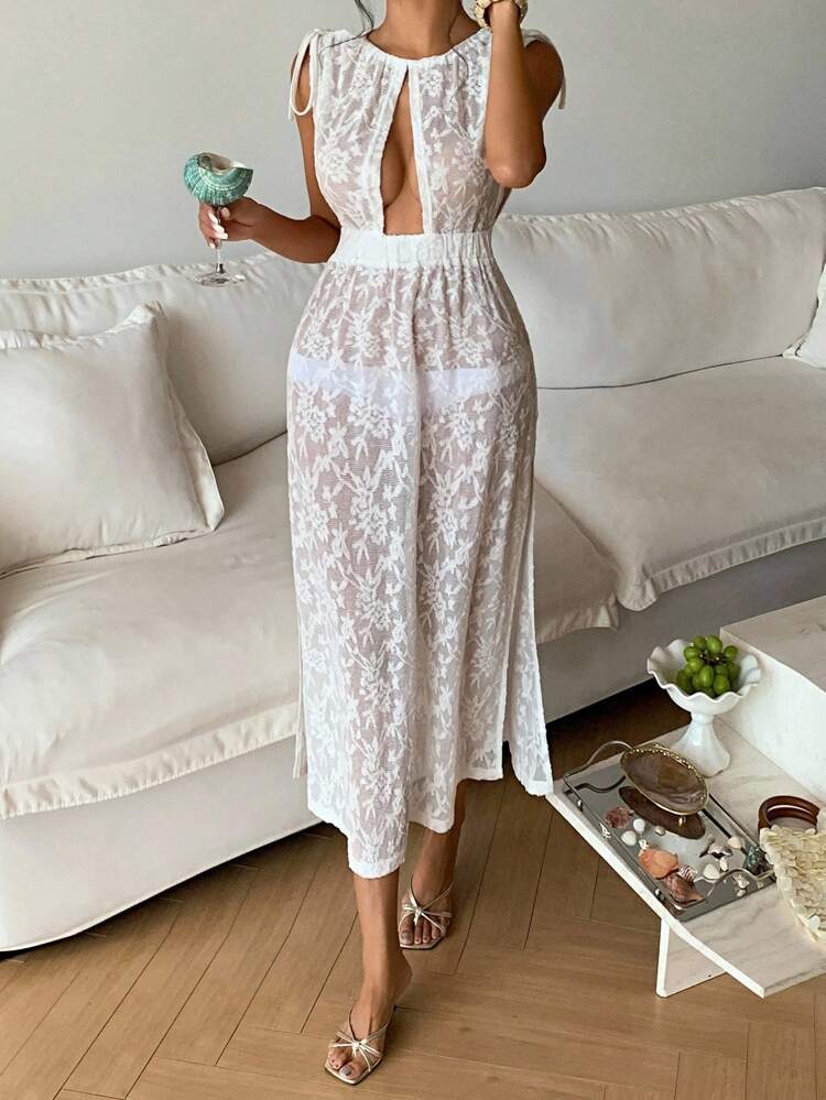 Women Solid Color Sexy Waist Cinched Sleeveless Coverup Dress, Suitable For Beach Vacation Boho