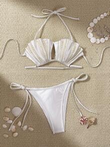 Swim Vcay Set de 2 piezas de traje de baño para mujer, nuevo diseño de verano de unicolor con parte superior halter con cuentas hechas a mano en la espalda y braga con lazo a los lados, traje de baño de lujo para playa y resort