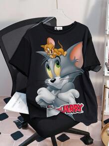 TOM & JERRY X SHEIN Áo thun nữ cỡ lớn họa tiết hoạt hình dễ thương, cổ tròn, tay ngắn, thích hợp mặc đi chơi hoặc đi nghỉ mát mùa hè. - trắng - Xem 1