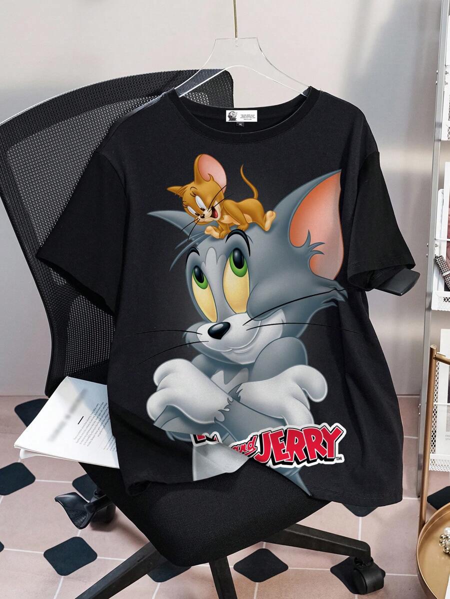 TOM & JERRY X SHEIN Áo thun nữ cỡ lớn họa tiết hoạt hình dễ thương, cổ tròn, tay ngắn, thích hợp mặc đi chơi hoặc đi nghỉ mát mùa hè. - trắng - Xem 1