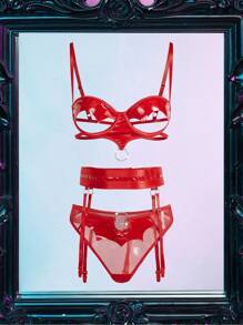 SHEIN 3件套性感系列钢圈聚拢镂空内衣套装女士 - 紅色 - 查看 6