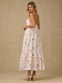 Enchnt Vestido Longo Floral Romântico Feminino para Primavera/Verão em Apricot, com Renda no Busto, Alças Finas, Babados na Barra e Costas Abertas, Doce e Elegante para Férias, Encontros, Feriados, Festas, Formatura, Convidados de Casamento e Praia, Vestido de Formatura, Vestidos de Verão Femininos, Vestidos de Verão, Roupas de Verão, Vestidos Elegantes para Festa - Multicolorido - Visão 7