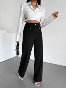 EURMUSE Damskie spodnie casualowe z prostymi nogawkami i metalowymi guzikami w jednolitym kolorze