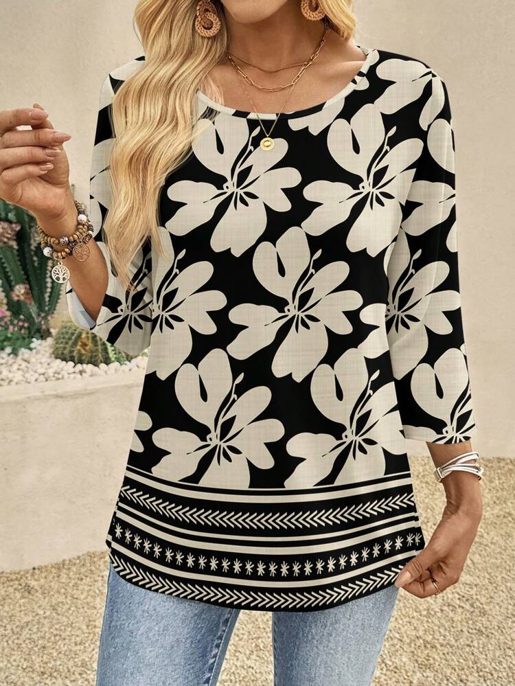 Camisa de manga larga con estampado floral y bajo regular, adecuada para múltiples usos, camisa de manga larga para mujer, blusas casuales para mujer, blusas de manga larga de otoño e invierno, camisa con estampado floral, blusa de estilo bohemio, blusas elegantes de otoño para mujer, casual