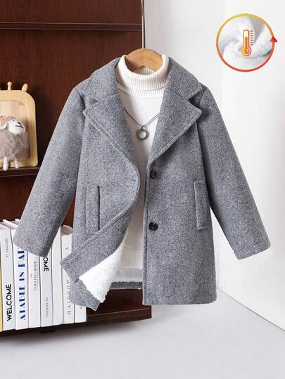 SHEIN Enfärgad, långärmad, termofodrad vinterjacka i ull för små pojkar, med slagkrage