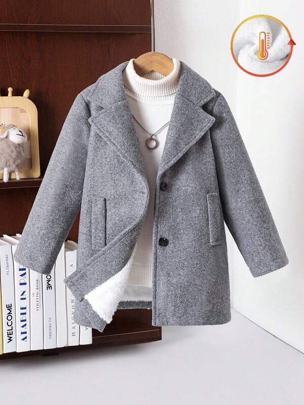 SHEIN Jednokolorowa, chłopięca, z kołnierzem z klapami, długim rękawem, ocieplana, swobodna, wełniana kurtka zimowa