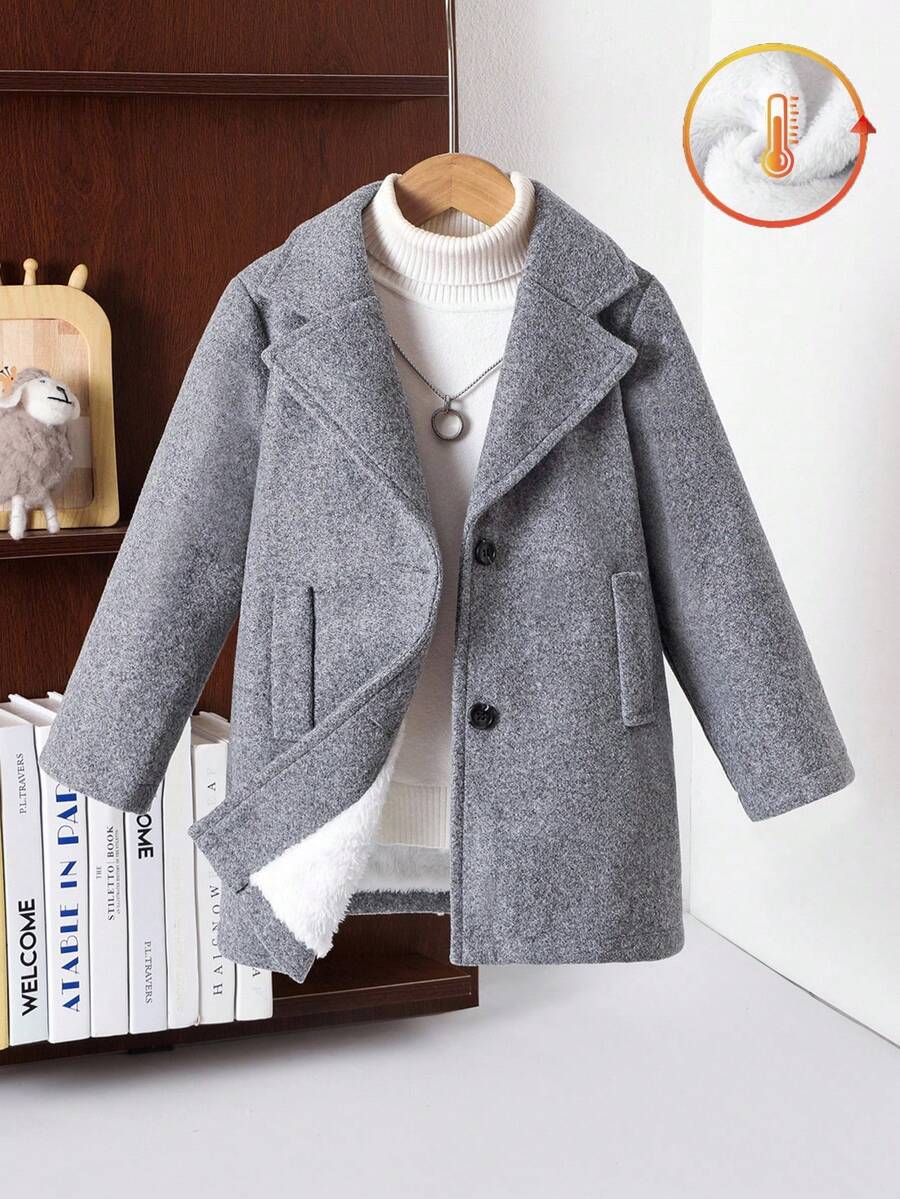 SHEIN 男童纯色翻领长袖保暖内衬休闲羊毛冬季夹克