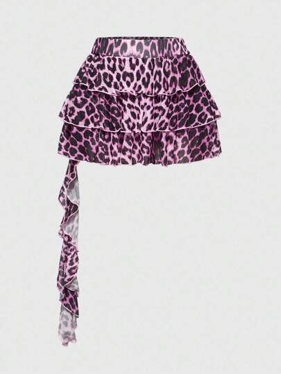 Grunge Punk Y2K Harajuku Style Leopard Print Multi-Layer Asymmetrical Hem Women Mini Skirt