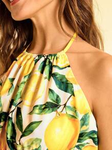 CAJUNI 热带黄柠檬印花露背沙滩背心，休闲夏日假期 - 彩色 - 查看 7