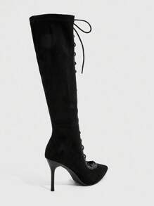 CUCCOO SZL 女士尖头细高跟黑色绒面革时尚靴子，适合派对和夜总会穿着，系带和侧拉链 - 黑色 - 查看 6