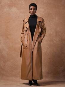 Zivah Áo khoác dài bằng da PU ve ve thời trang mới thu đông 2025 có túi, màu nâu, thường ngày, thích hợp mặc hàng ngày, dạo phố, đi làm, lễ hội âm nhạc, tốt nghiệp, sinh viên, ngày lễ, bãi biển - màu nâu - Xem 3