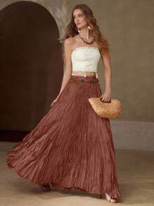 MOTF PREMIUM SOLID HIGH WAIST PLISSE MAXI SKIRT WITH BELT - Orange - View 4